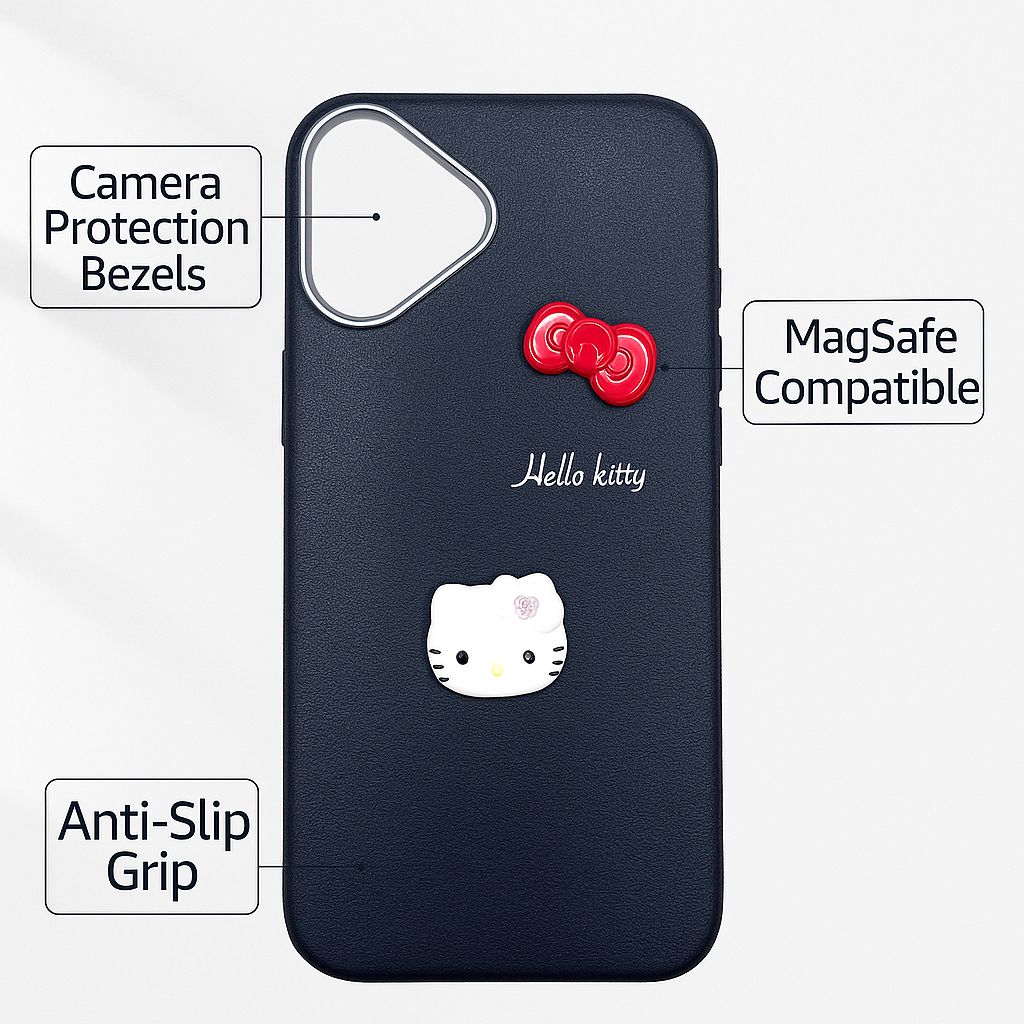 iPhone 16 Hello Kitty Mobile Cover For Girls Soft Sillicone Material (Black)