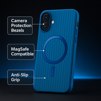 iPhone 16 Premium Silicone Back Cover with Megsafe Ring (Blue)