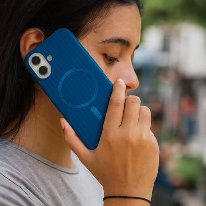 iPhone 16 Premium Silicone Back Cover with Megsafe Ring (Blue)